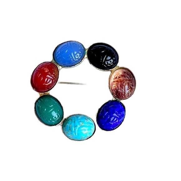 Vintage Scarab Brooch Silver Tone Semi Precious Stones Egyptian Revival Jewelry - Picture 4 of 8